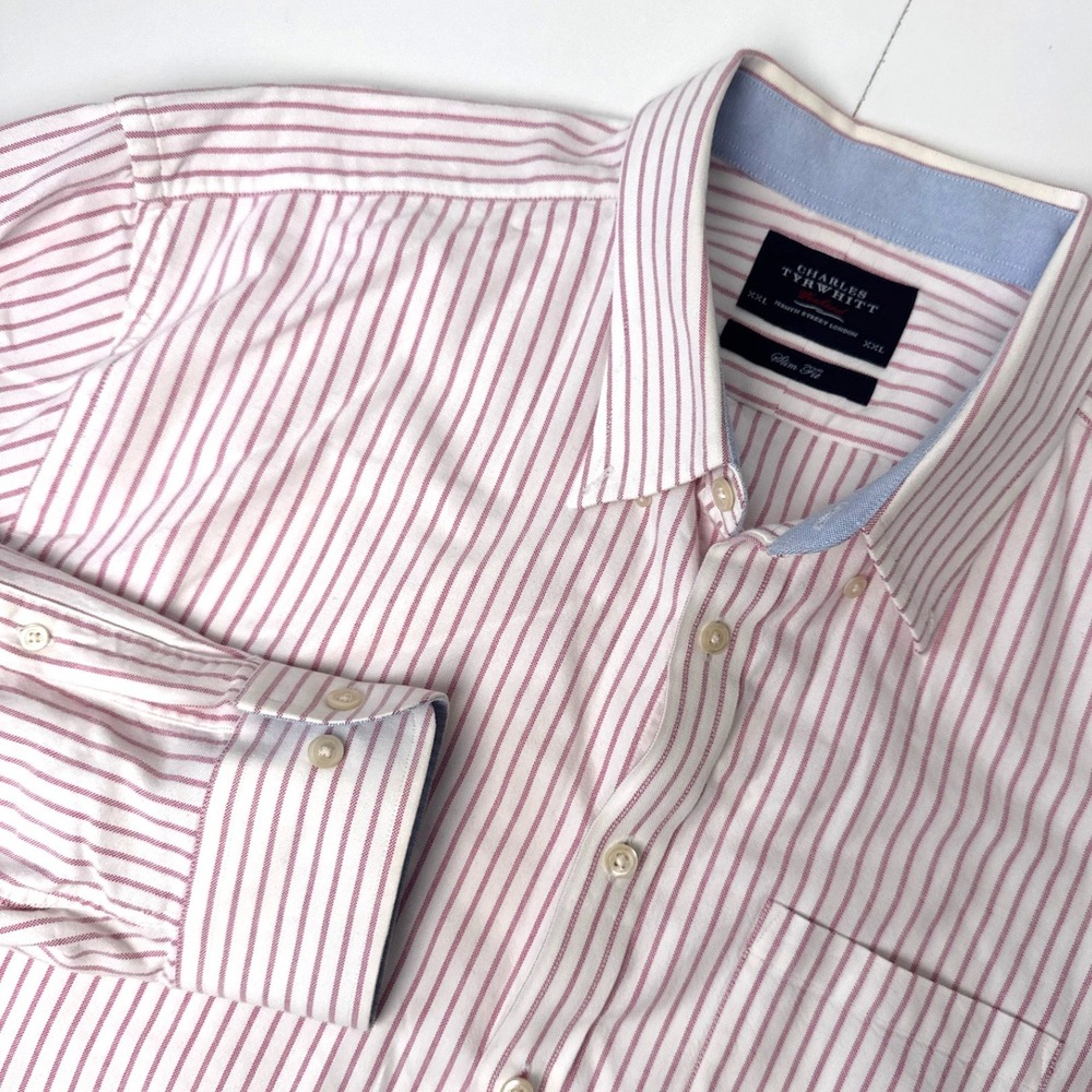 Charles Tyrwhitt Mens XXL Weekend Slim Fit Red White Striped Button Down Shirt